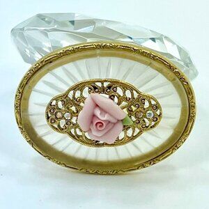 Camphor Glass Brooch with Porcelain Rose Filigree Accent and Rhinestones MCM